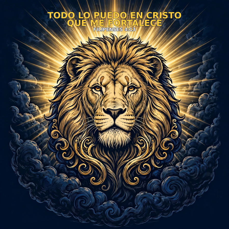 Diseño de sudadera: león con la frase Todo lo puedo en Cristo